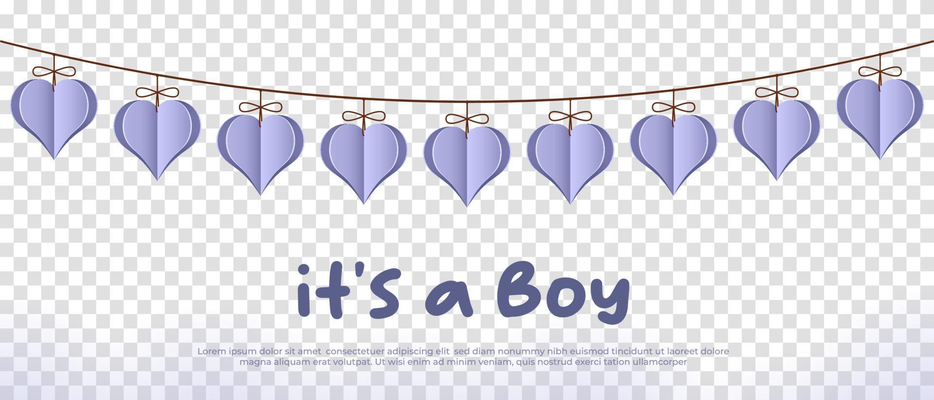 c'est un garçon. carte de voeux de bienvenue pour l'accouchement avec des coeurs suspendus. illustration vectorielle vecteur