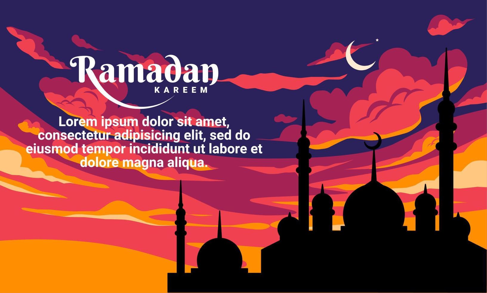 cartes de voeux ramadan kareem. la silhouette de la mosquée avec le ciel coucher de soleil en arrière-plan. illustration vectorielle. vecteur