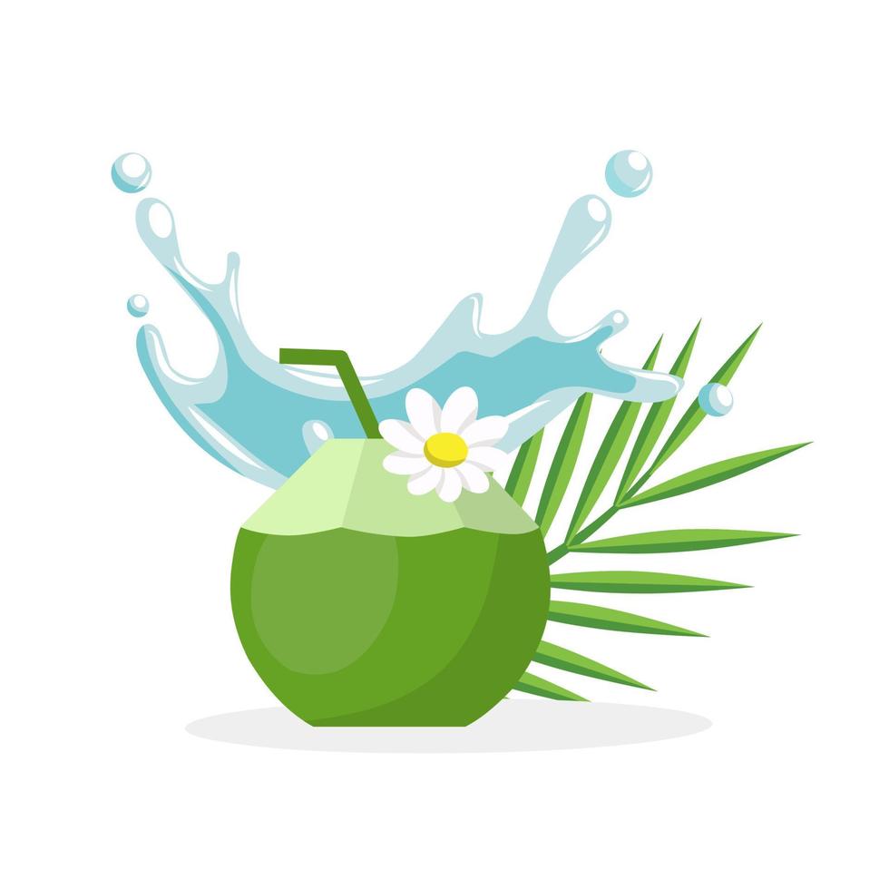 jus de noix de coco frais, avec éclaboussures d'eau de noix de coco et feuilles, illustration vectorielle. vecteur