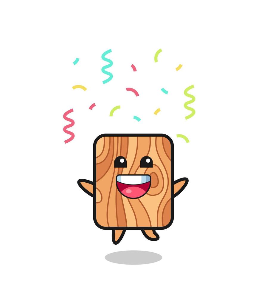 mascotte en bois de planche heureuse sautant pour félicitation avec des confettis de couleur vecteur