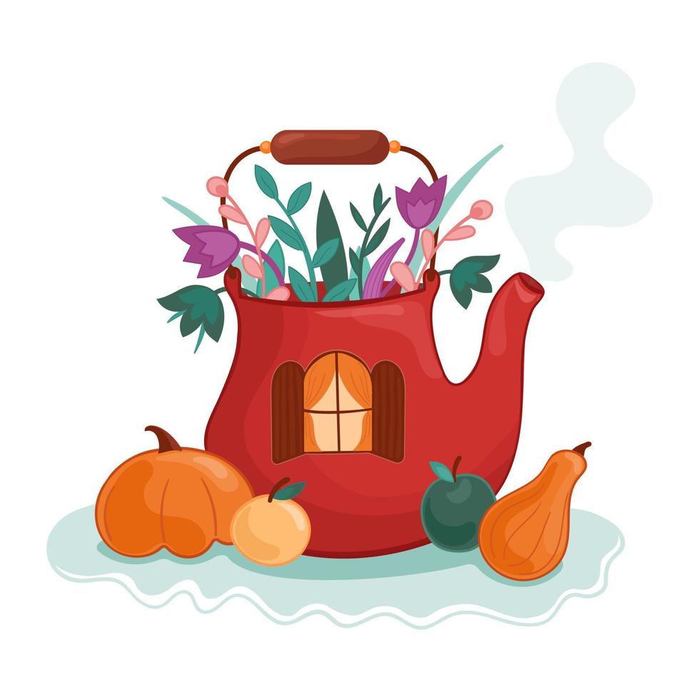 illustration vectorielle théière automne avec plantes, fleurs vecteur