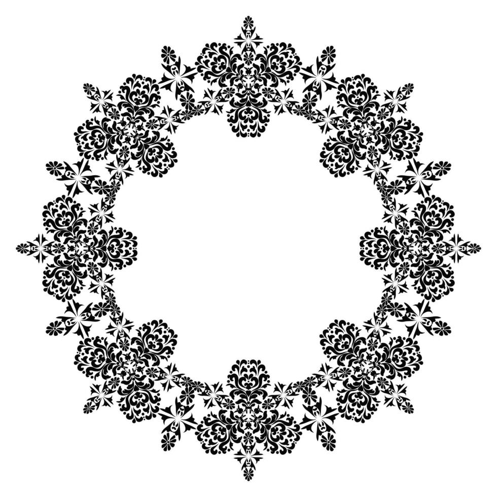 motif gracieux d'ornement circulaire. motif damassé rond avec place pour le texte. cadre fleuri. cadre avec arabesques. noir et blanc. motif vintage pour la décoration de cartes et d'invitations. vecteur