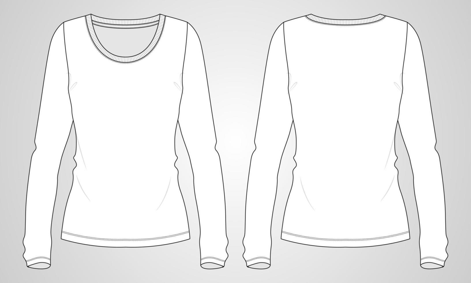 t-shirt à manches longues coupe slim modèle de croquis plat de mode technique globale pour dames. illustration vectorielle de jersey de coton vêtements dessin maquette à l'avant, vues. conception de t-shirt de vêtements pour femmes vecteur