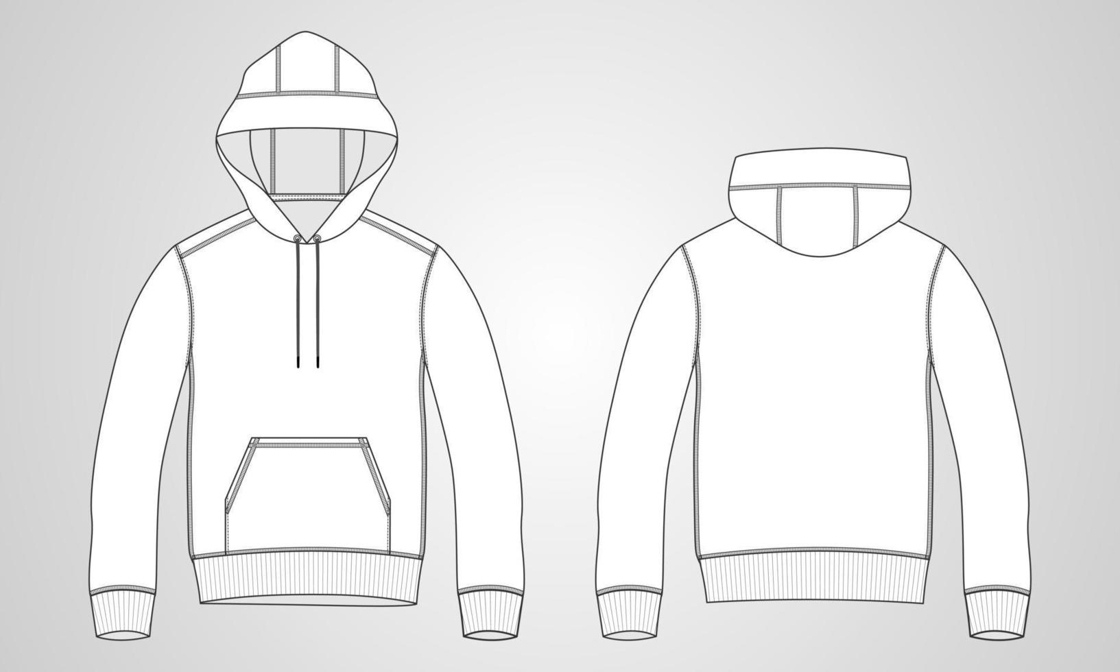 sweat à capuche à manches longues modèle de vecteur de croquis plat de mode technique vue avant et arrière. vêtements robe design illustration vectorielle dessin maquette veste cad. conception de vêtements à capuche en jersey de coton polaire.