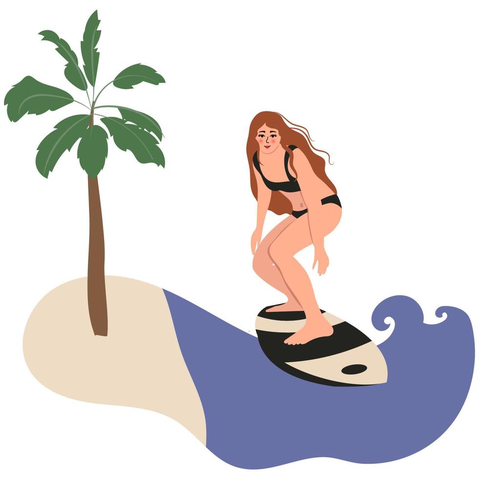 femme chevauche une planche de surf sur la mer près de la plage. illustration vectorielle isolée. vecteur