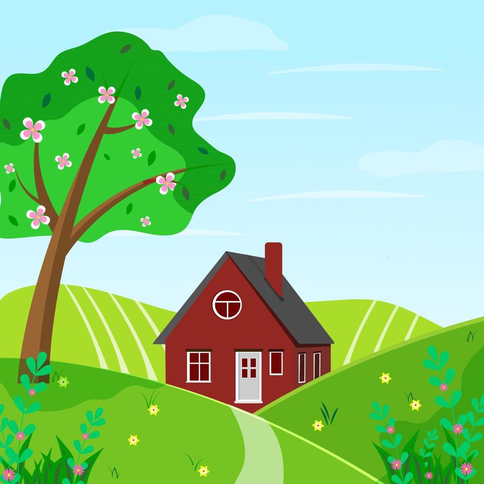 paysage de printemps avec arbre, fleurs, maison. paysage de campagne saisonnier. illustration vectorielle dans un style plat vecteur