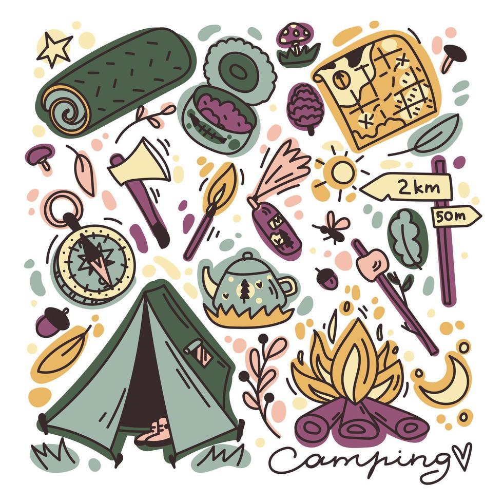 randonnée de paquet de doodle. ensemble d'icônes de camping dessinées à la main. illustration vectorielle colorée mignonne esquissée. vecteur