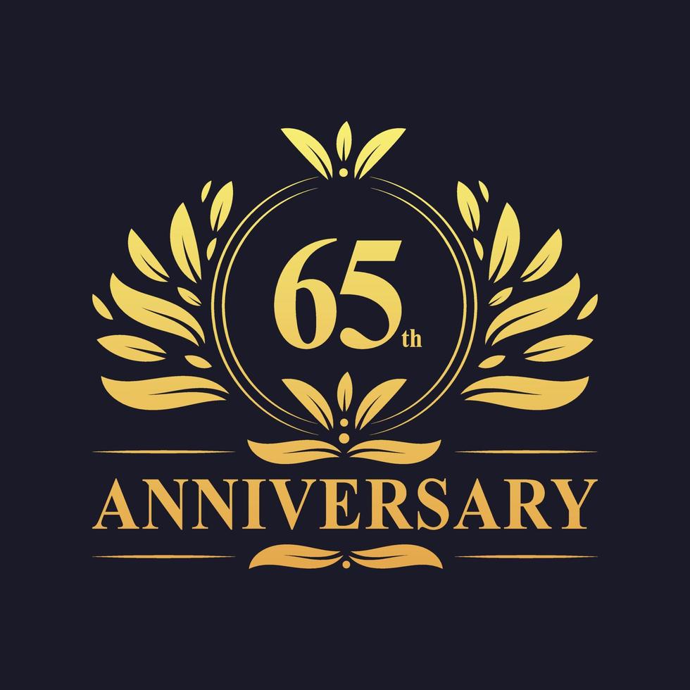 Conception du 65e anniversaire, luxueux logo anniversaire de 65 ans de couleur dorée. vecteur