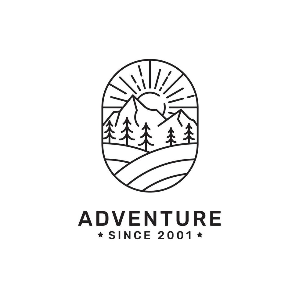 lever du soleil montagne aventure pin pruche arbre à feuilles persistantes forêt dessin au trait vintage logo design vecteur