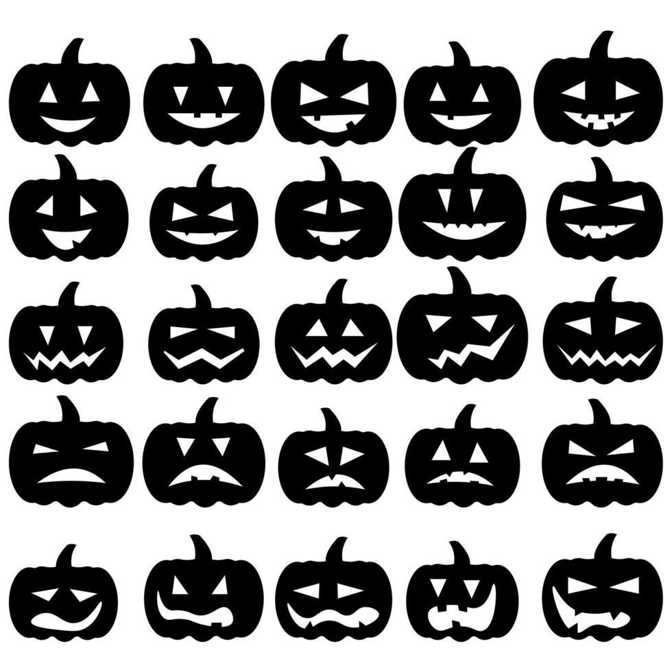 ensemble de silhouettes de citrouilles avec différentes expressions faciales, lanterne de citrouilles sur le thème d'halloween vecteur