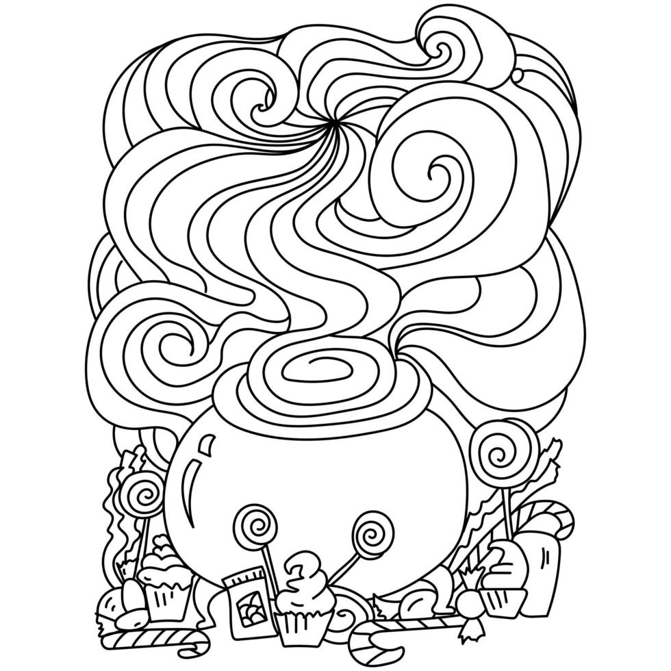 page de coloriage d'halloween, chaudron magique et bonbons en ligne pour l'activité des enfants vecteur