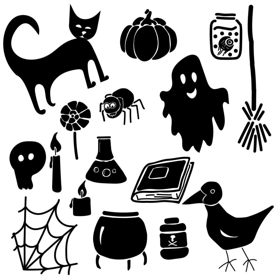 ensemble de silhouettes de symboles et d'attributs d'halloween, histoires d'horreur de vacances vecteur