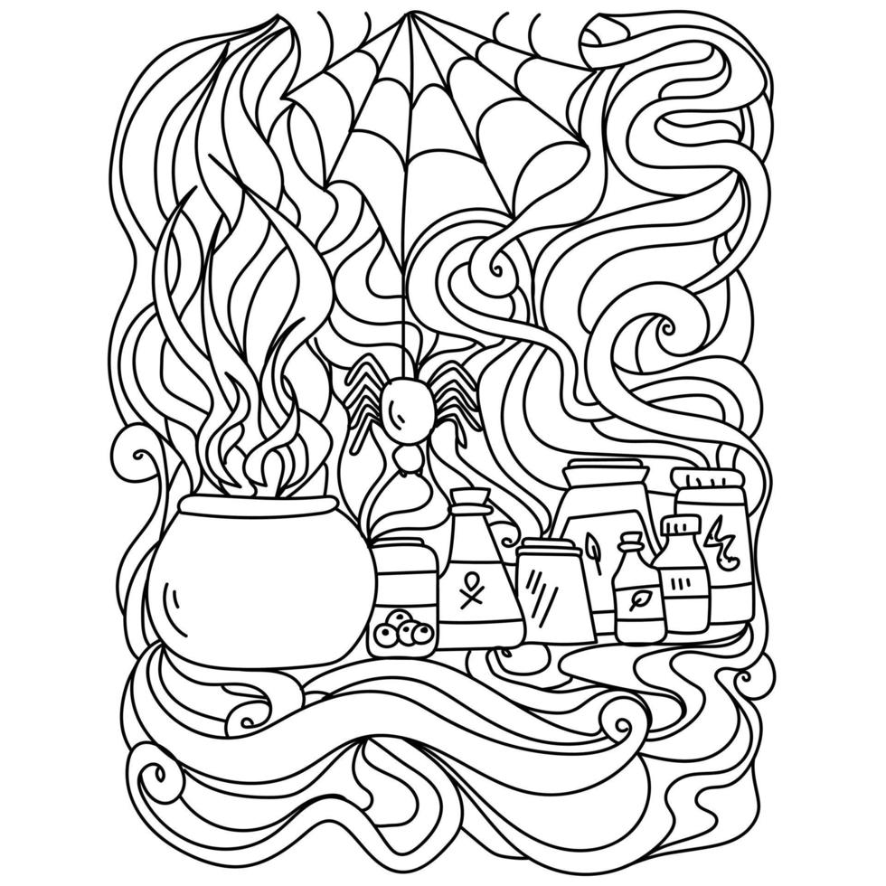 page de coloriage d'halloween, motifs méditatifs, chaudron et potions magiques vecteur