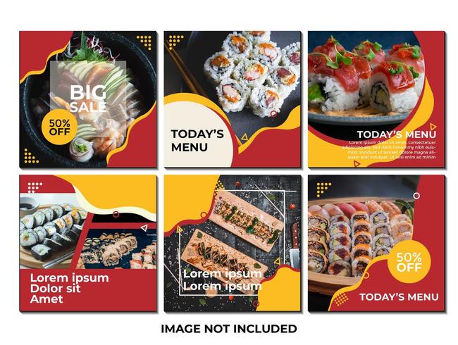 modèle de médias sociaux avec un thème de sushi ou de nourriture, et avec une couleur rouge et jaune vecteur