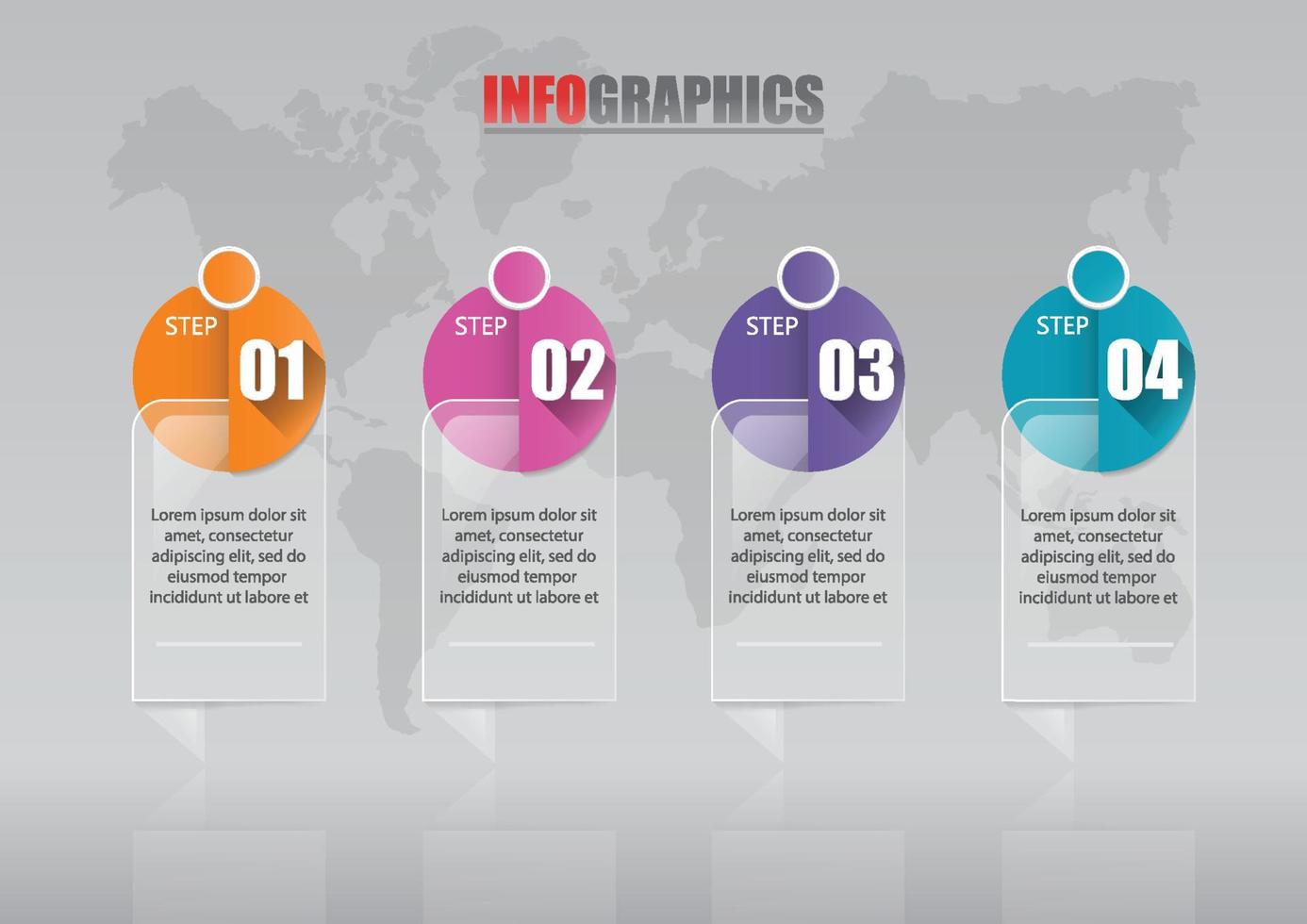 le vecteur de conception infographique et les icônes marketing peuvent être utilisés pour la mise en page du flux de travail, le diagramme, le rapport annuel, la conception Web. concept d'entreprise avec 4 options, étapes ou processus.