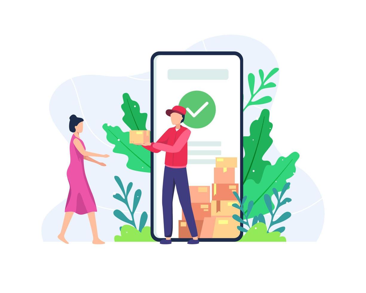 coursier livrer le colis à partir du téléphone à écran vecteur