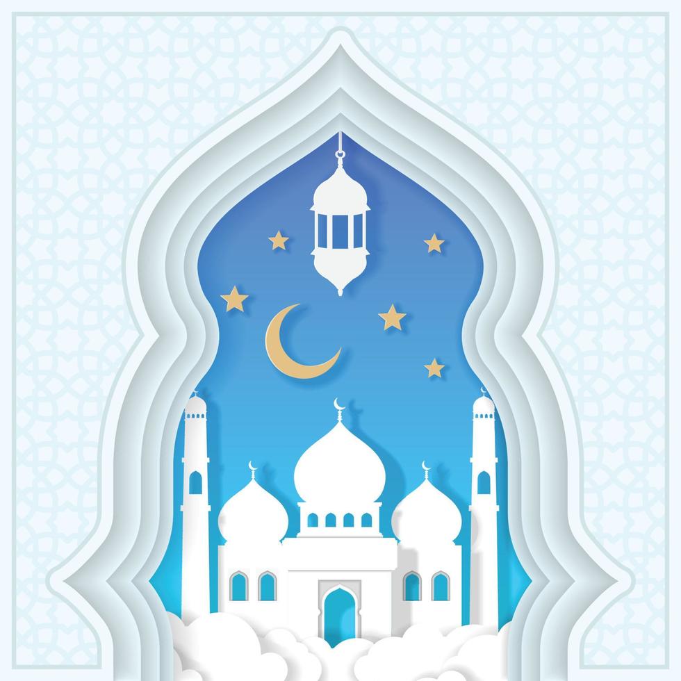 fond eid mubarak avec mosquée de style papercut vecteur