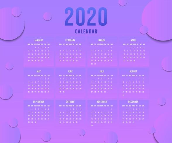 Calendrier simple du nouvel an 2020 avec dégradé bleu rose vecteur