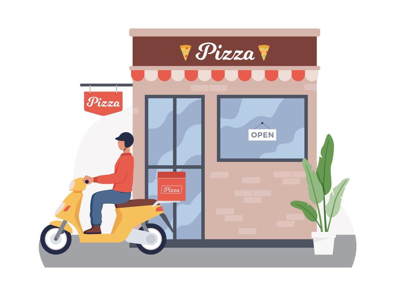 le livreur livre les commandes de pizza sur un scooter vecteur