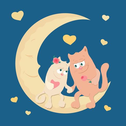 Chats de dessin animé en couple amoureux sur la lune le jour de la Saint-Valentin vecteur