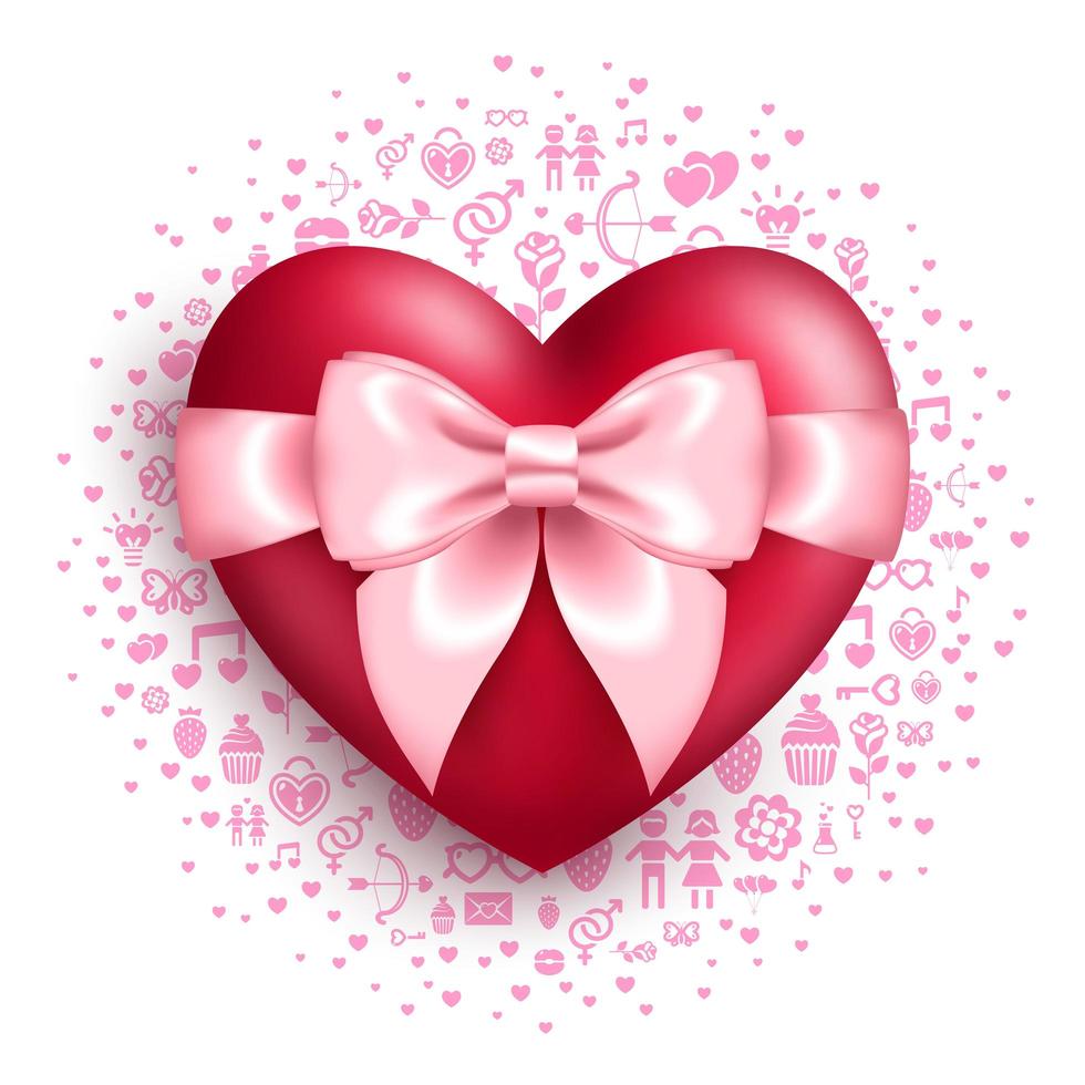 Coeur rouge brillant avec noeud rose avec symboles d&#39;amour vecteur