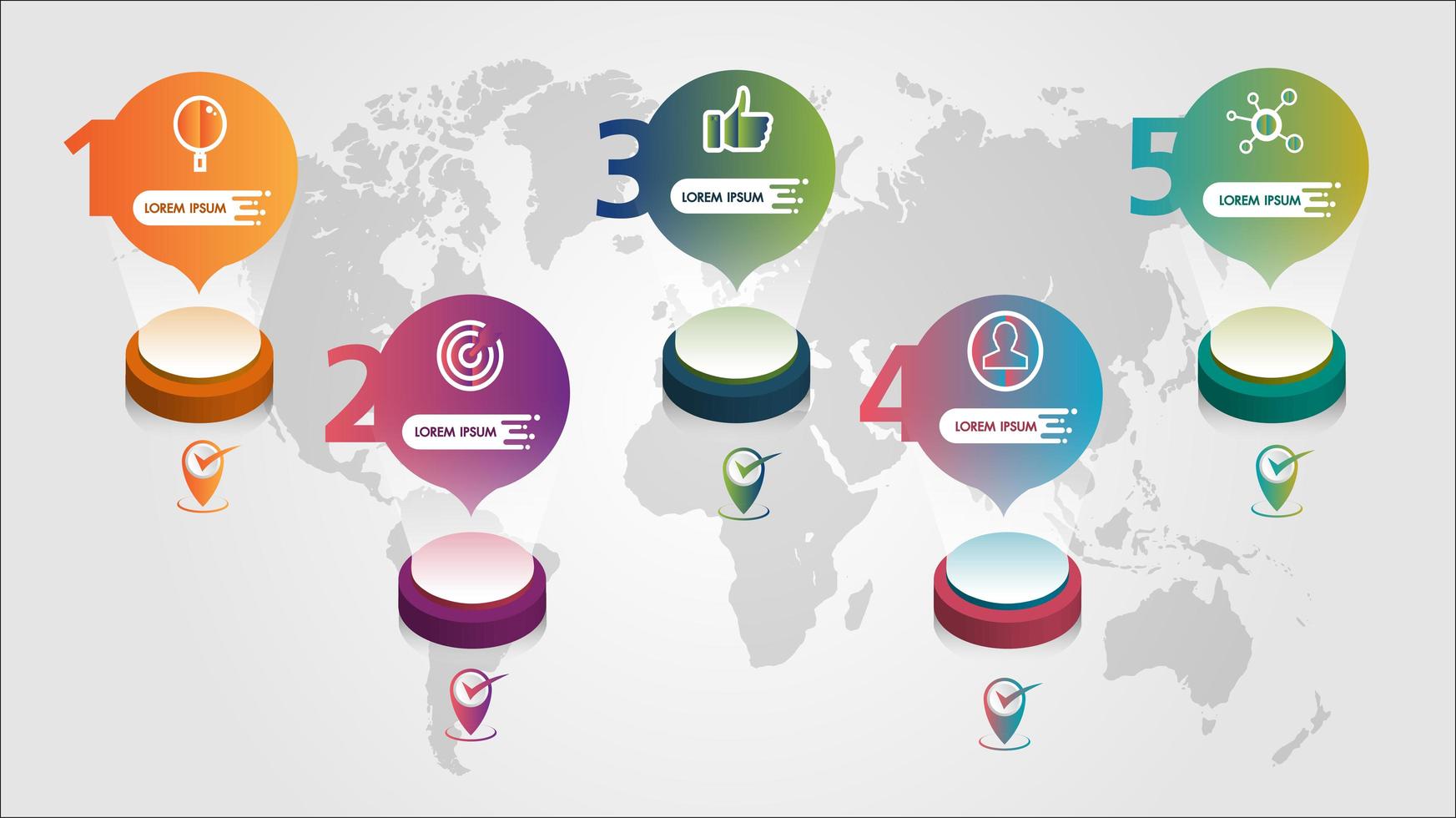 Options de 5 étapes de l&#39;infographie de la carte du monde vecteur