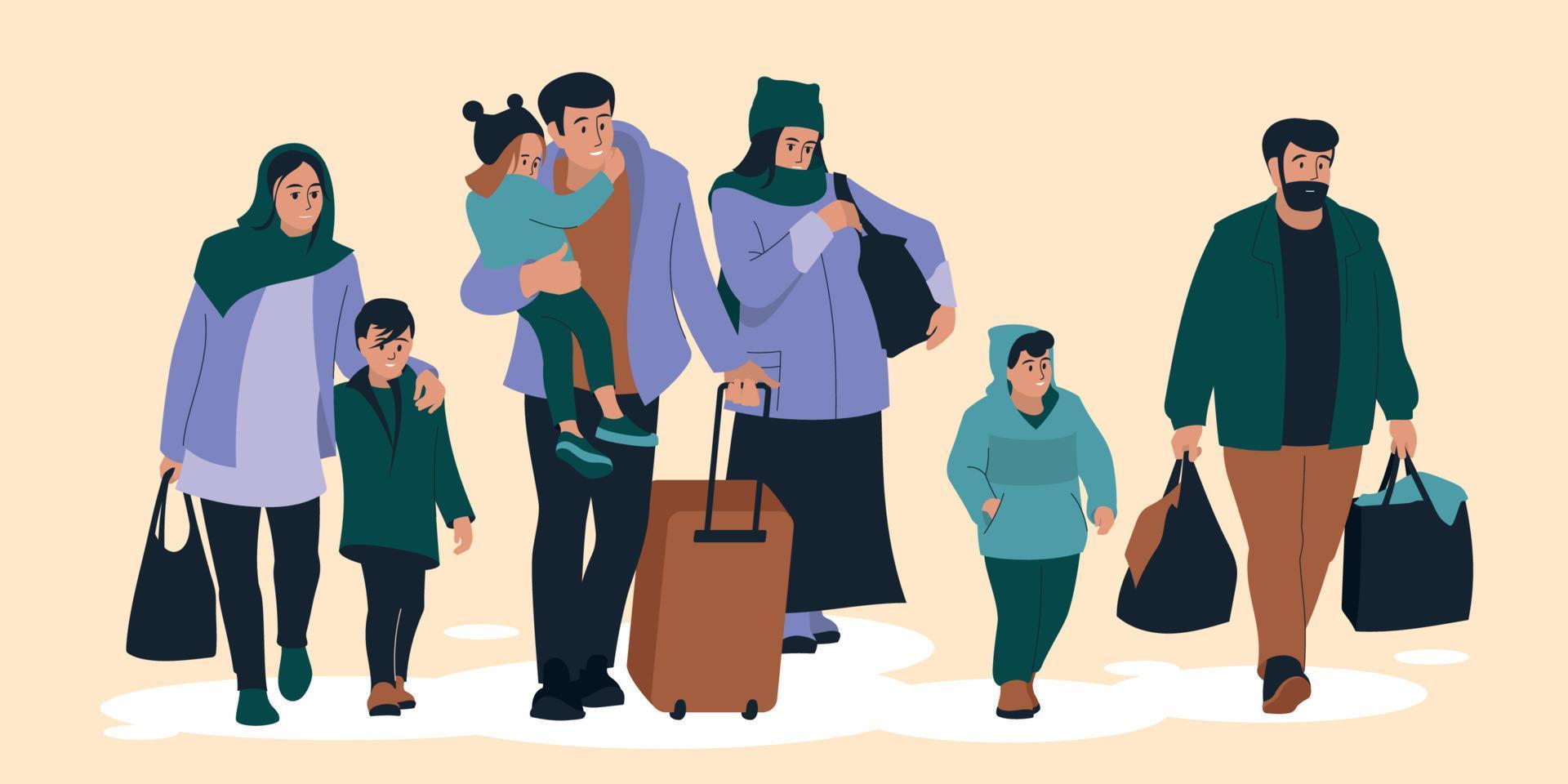 réfugiés. femme avec un enfant. un homme avec un enfant dans ses bras. Enceinte. famille. les gens sont évacués de la zone de guerre. image vectorielle. vecteur