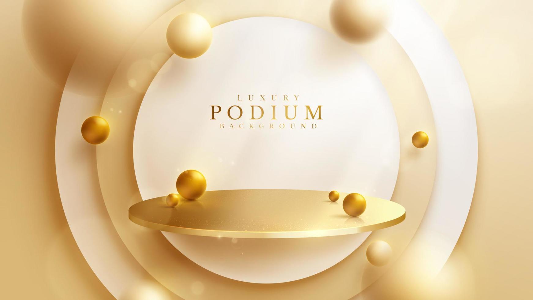 fond de luxe avec podium d'affichage de produit et élément de boule d'or 3d et décoration à effet de flou et lumière scintillante et bokeh. vecteur