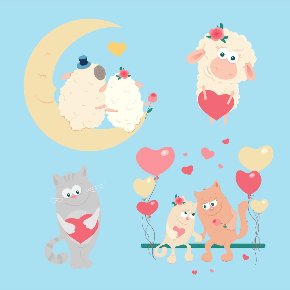 Moutons et chats de dessin animé pour la Saint-Valentin. vecteur