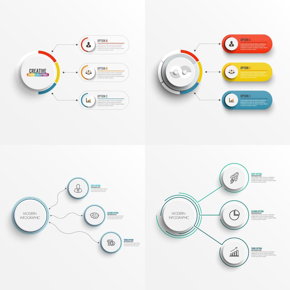 Ensemble 3 modèles d&#39;infographie de graphique d&#39;option avec étiquette, cercles intégrés vecteur