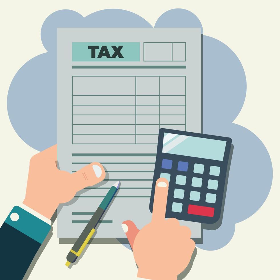 tenir à la main le formulaire d'impôt, la calculatrice et le stylo. concept de paiement d'impôt vecteur
