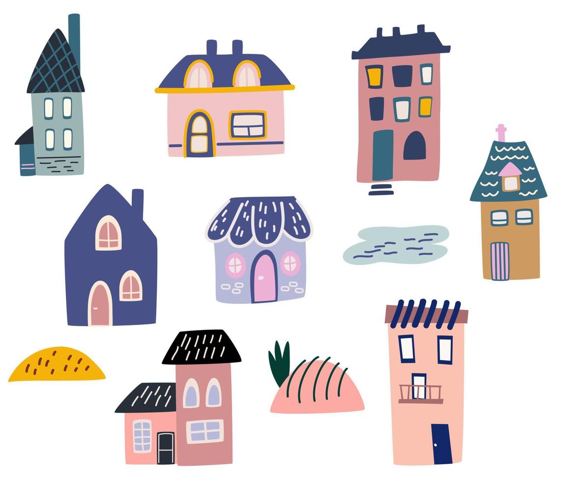 maisons de dessin animé mignon. diverses petites maisons minuscules. petites maisons de ville, minimalisme des bâtiments urbains, ensemble minimal d'illustrations vectorielles de bâtiments résidentiels de banlieue. vecteur