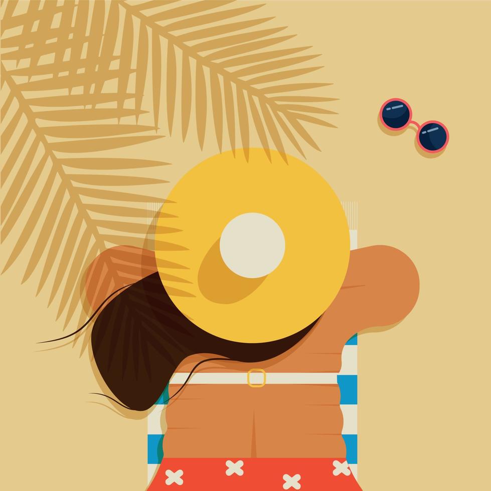 fille de taille plus relaxante sur la plage avec un grand chapeau jaune et un bikini vecteur