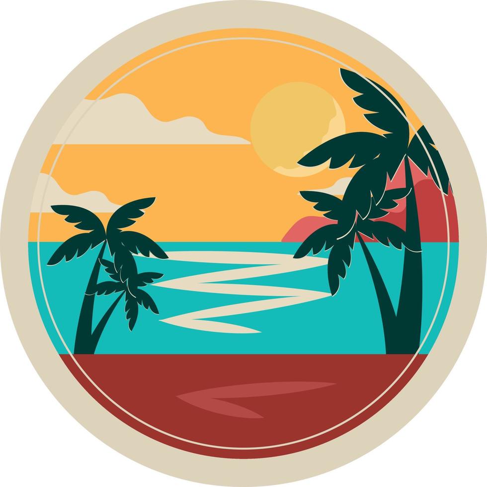 côte de sable autocollant avec palmiers montagnes nuages coucher de soleil vacances d'été en mer vecteur