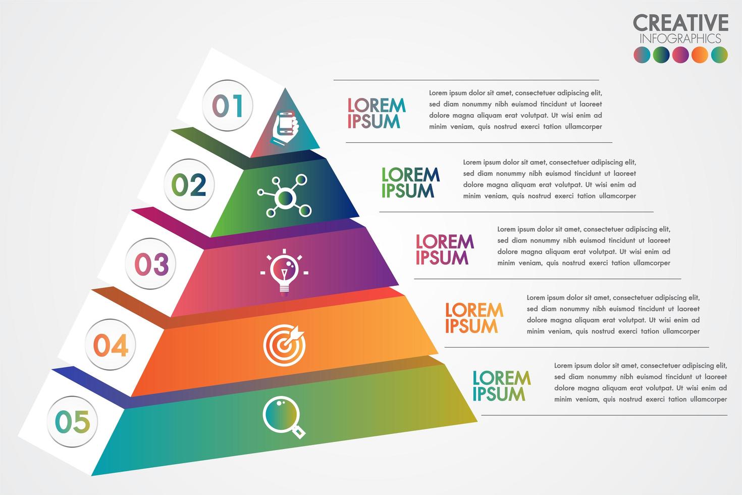 Modèle coloré infographique pyramide avec 5 étapes ou options vecteur