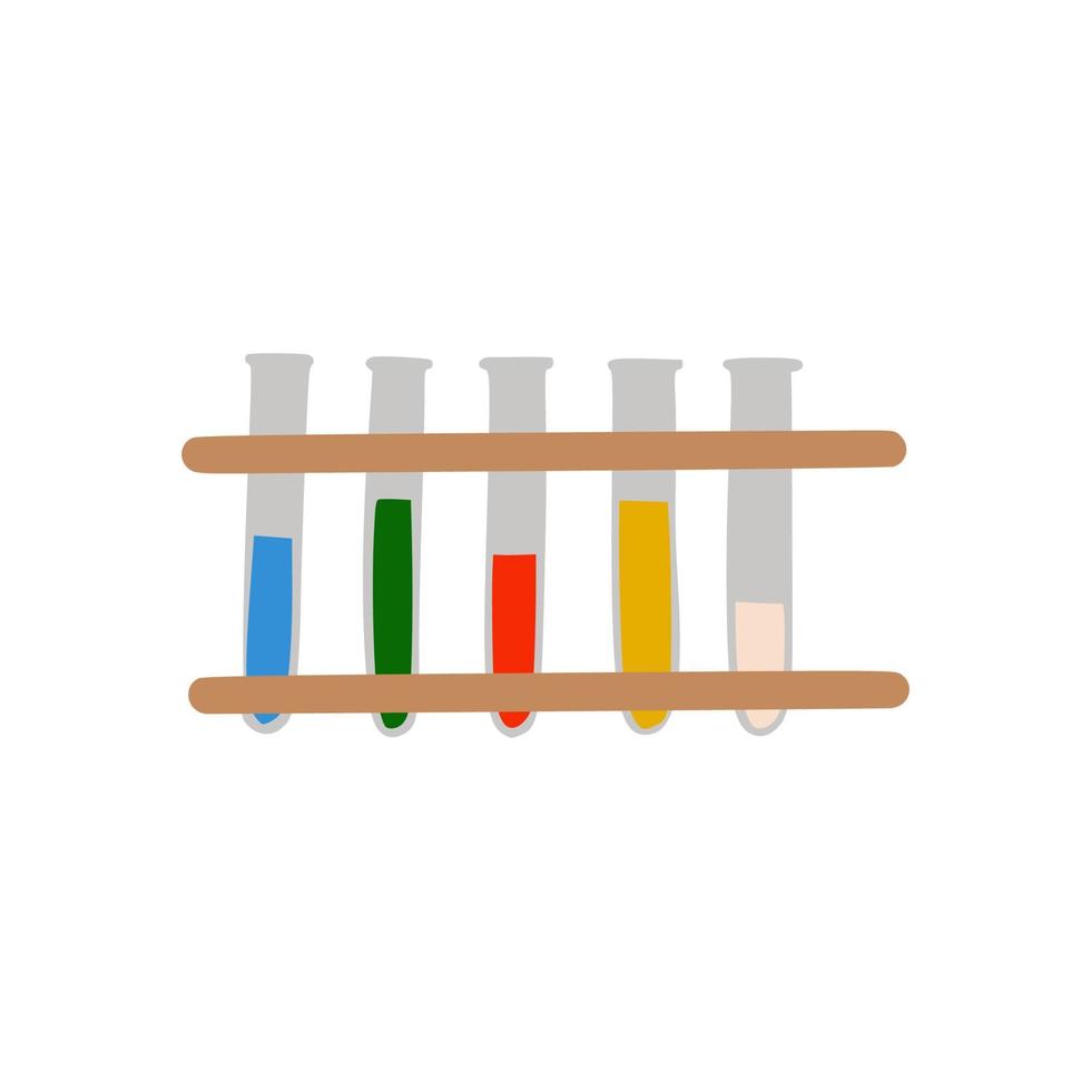 tubes à essai pour expériences chimiques et analyses sur un support dans un style doodle. inventaire médical. équipement pour les chimistes. matériel scolaire. isolé sur fond blanc. illustration vectorielle de couleur. vecteur