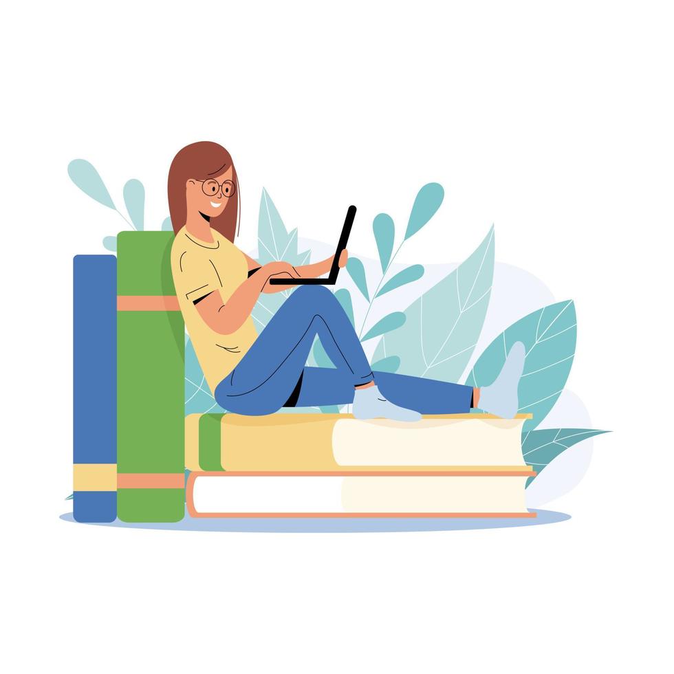 fille étudiante étudiant avec un ordinateur portable. jeune femme assise sur une pile de livres, acquérant des connaissances en ligne vecteur
