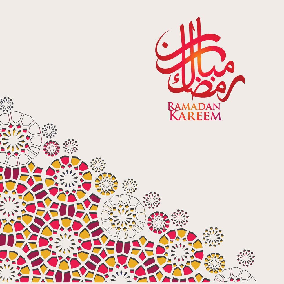 design luxueux et élégant ramadan kareem avec calligraphie arabe et détails colorés ornementaux islamiques de mosaïque pour salutation islamique. illustration vectorielle. vecteur