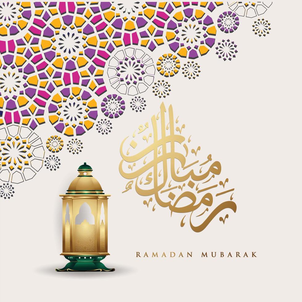 design luxueux et élégant ramadan kareem avec calligraphie arabe, lanterne traditionnelle et détail coloré ornemental islamique de mosaïque pour salutation islamique. illustration vectorielle. vecteur