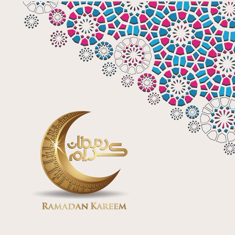 design luxueux et élégant ramadan kareem avec calligraphie arabe, croissant de lune et détails colorés ornementaux islamiques de mosaïque pour salutation islamique. illustration vectorielle. vecteur