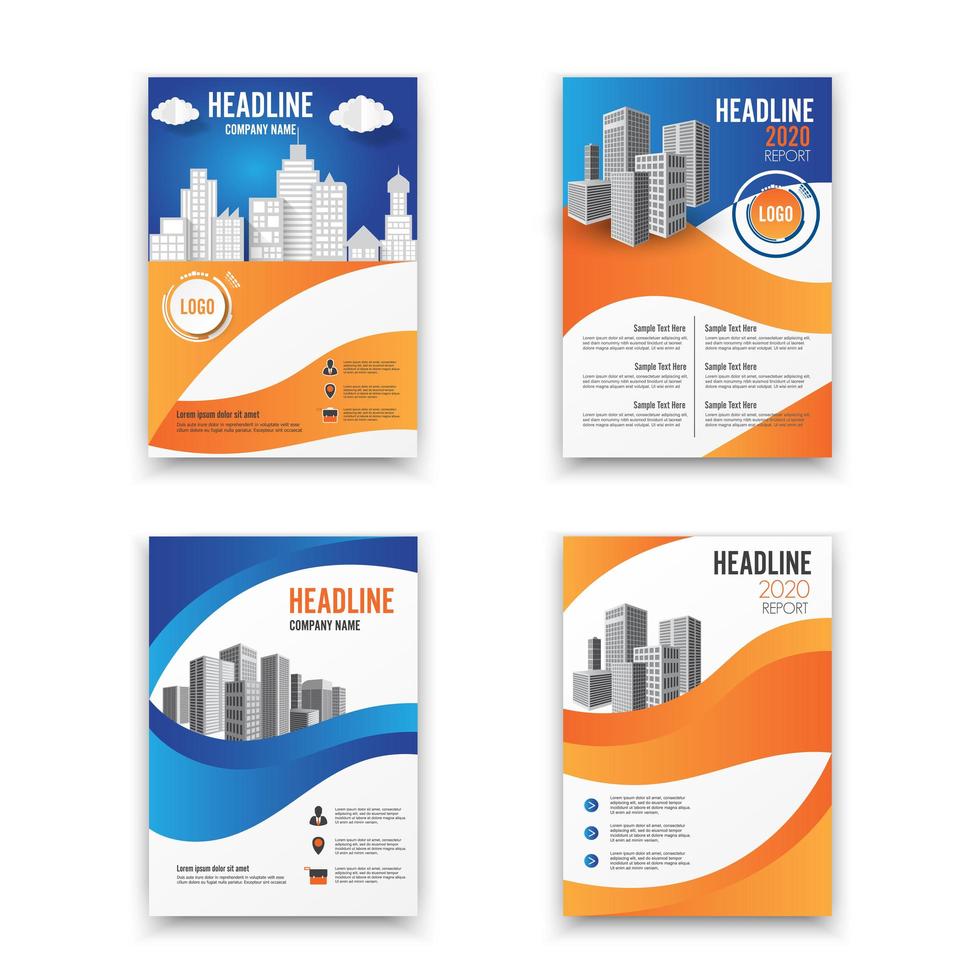 Modèle de rapport annuel avec un design incurvé bleu et orange et un paysage urbain vecteur