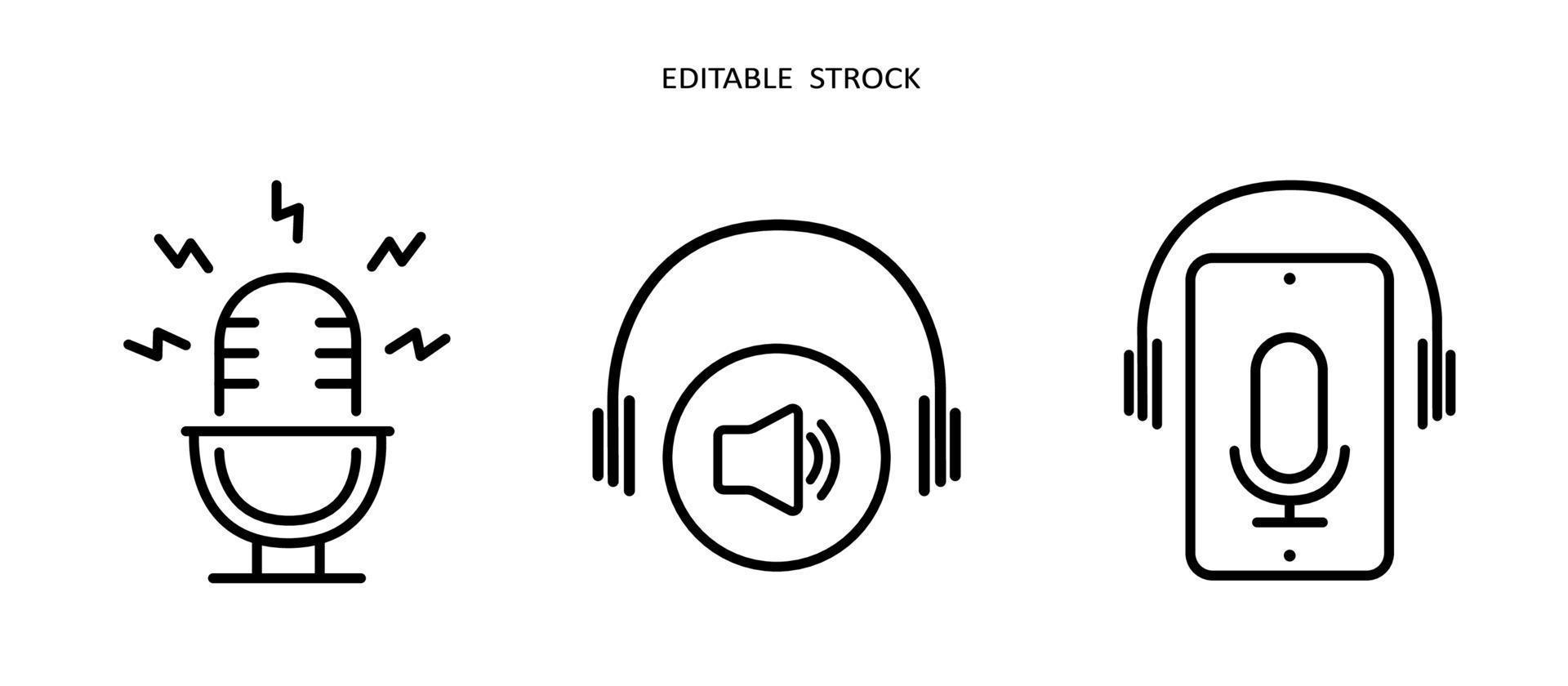 jeu d'icônes de podcast audio. symbole de radio podcast contour noir vecteur