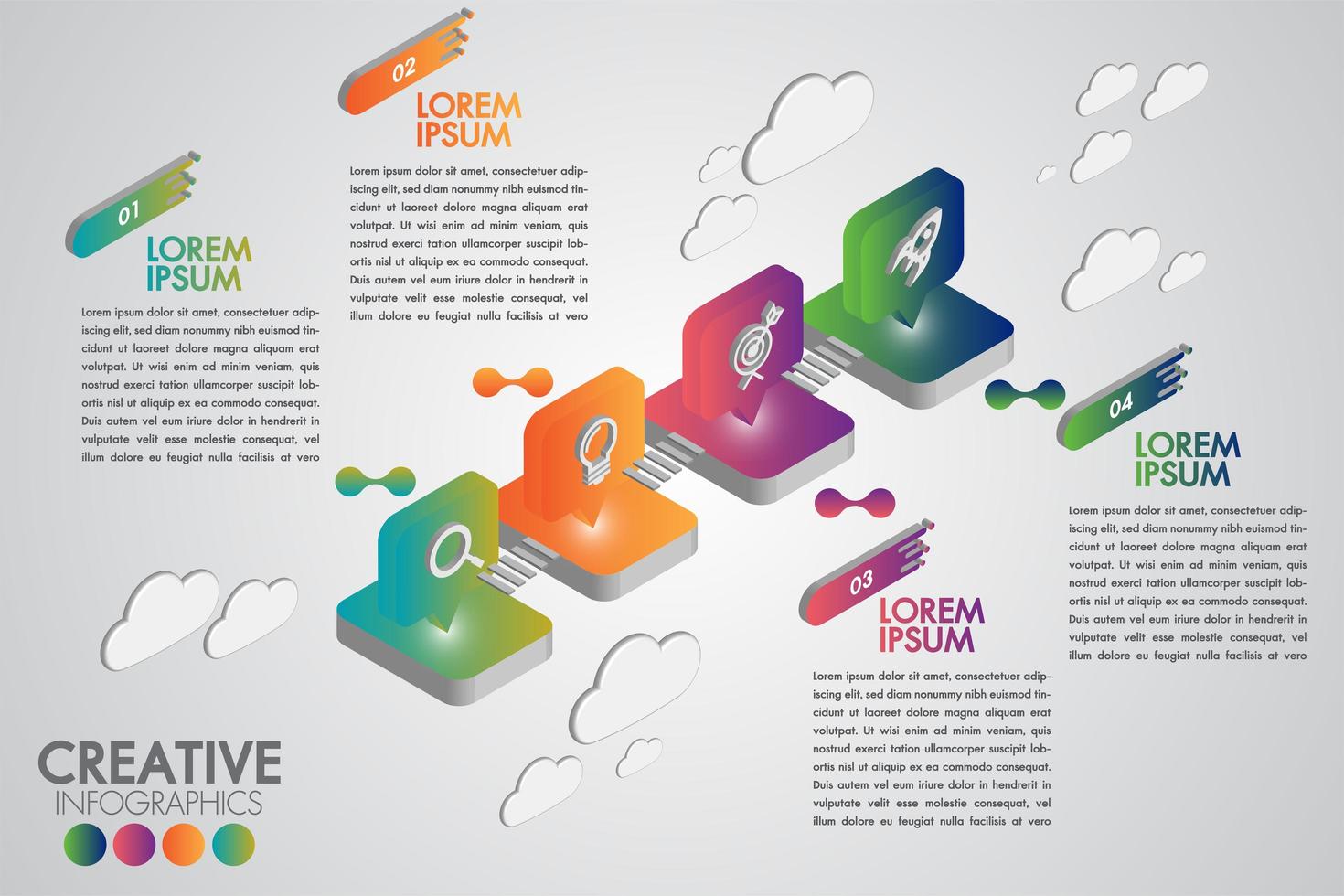 Modèle d&#39;infographie métier icône colorée isométrique avec 4 étapes vecteur