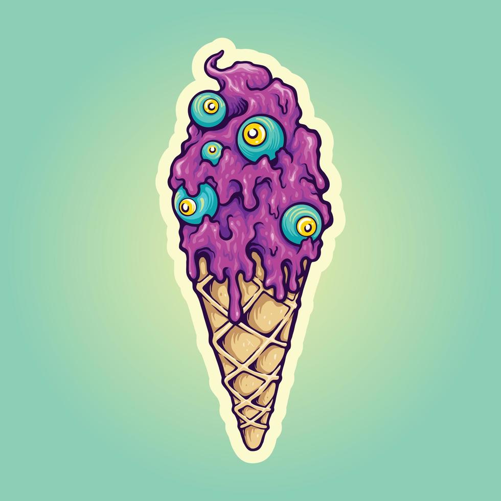 adorable cornet de glace violet avec des yeux de zombie bleus vecteur