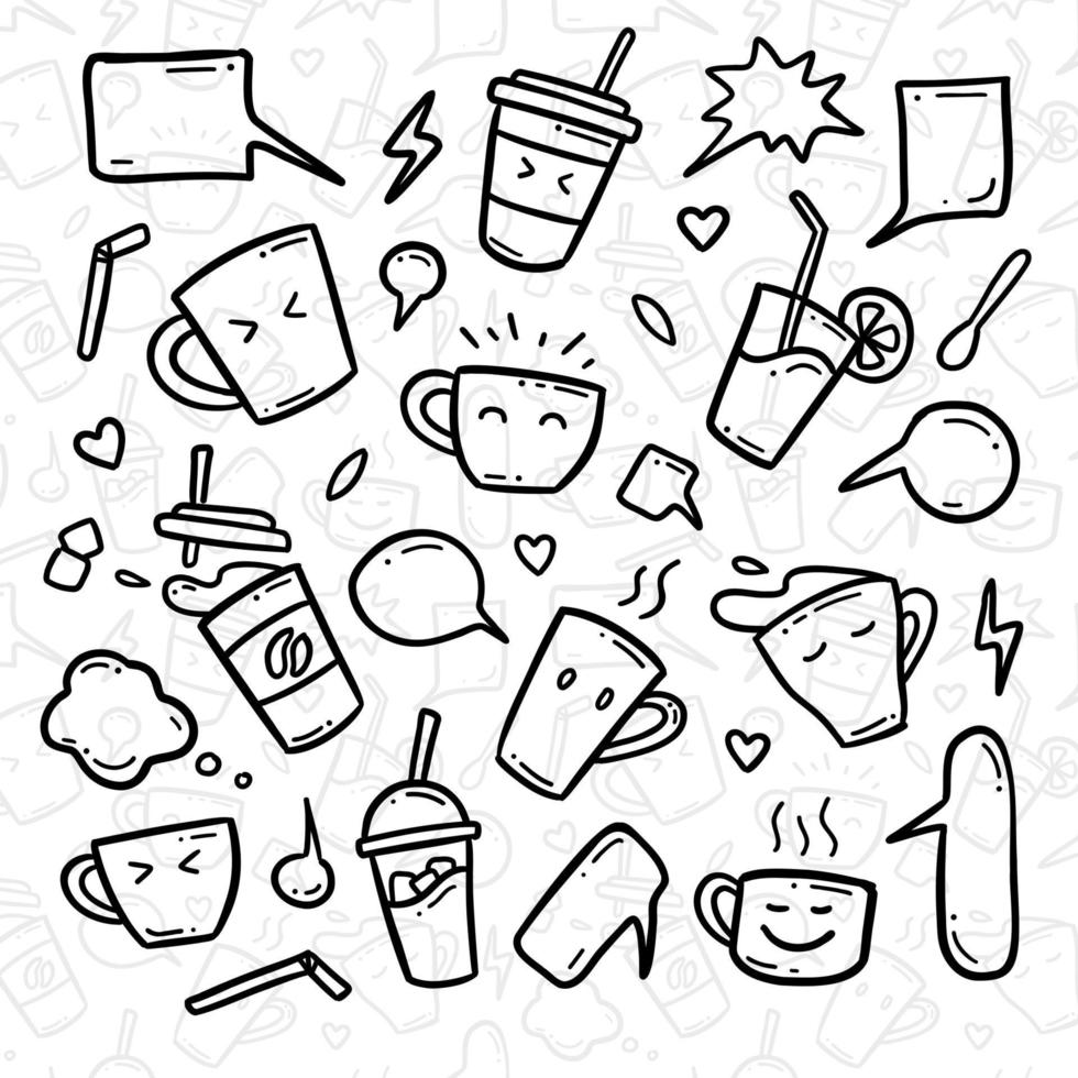 doodle dessiné à la main d'icônes d'illustration de tasse et de tasse mignonnes vecteur