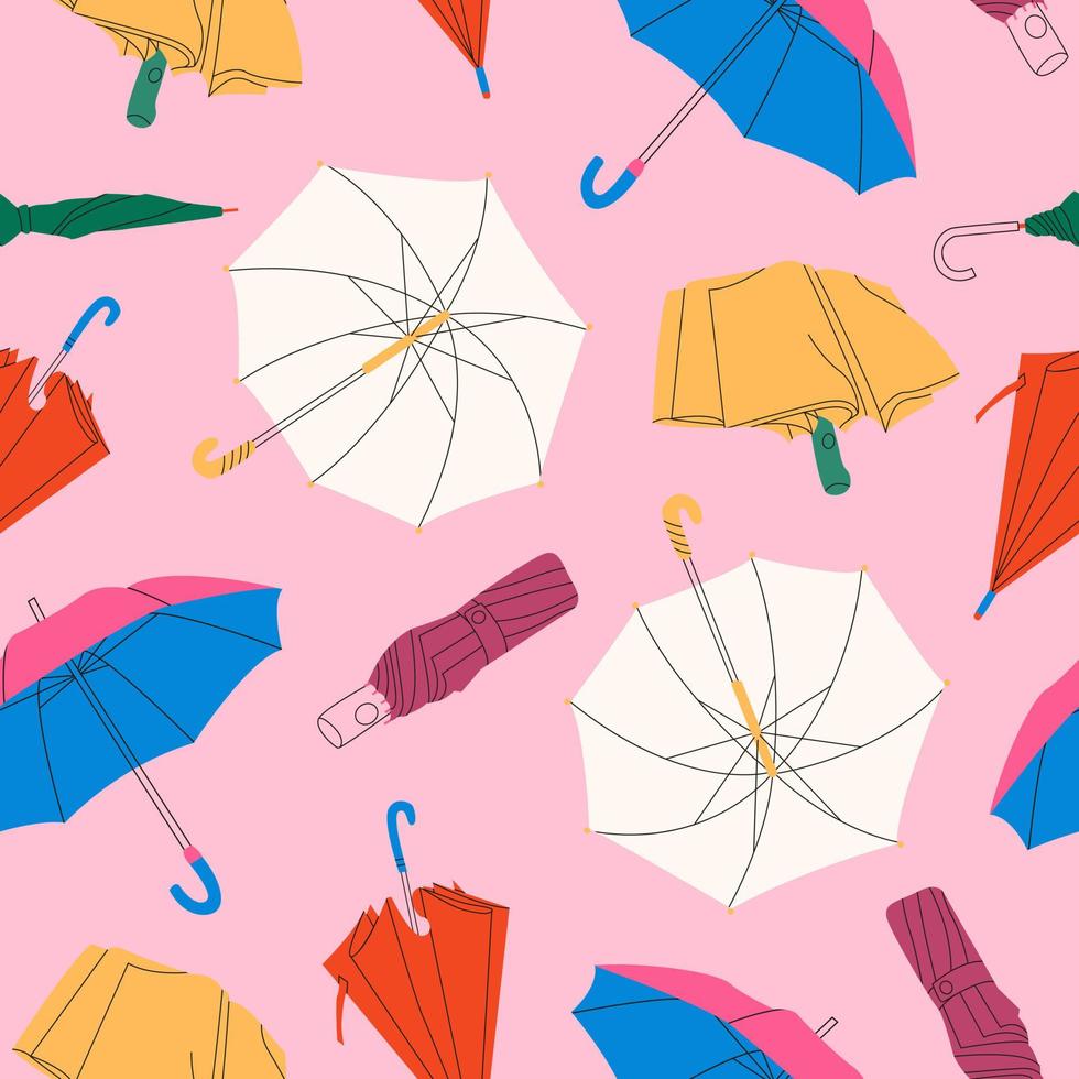 ensemble de parapluies différents dans diverses positions. collection pluvieuse. parapluies de style dessin animé ouverts et pliés. illustration plate colorée dessinée à la main. modèles de conception. modèle sans couture carré. vecteur