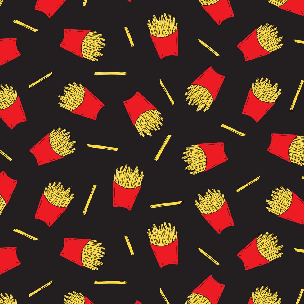 illustration vectorielle dessinée à la main de pommes de terre frites dans un motif de boîte en papier rouge sur fond noir. restauration rapide. vecteur