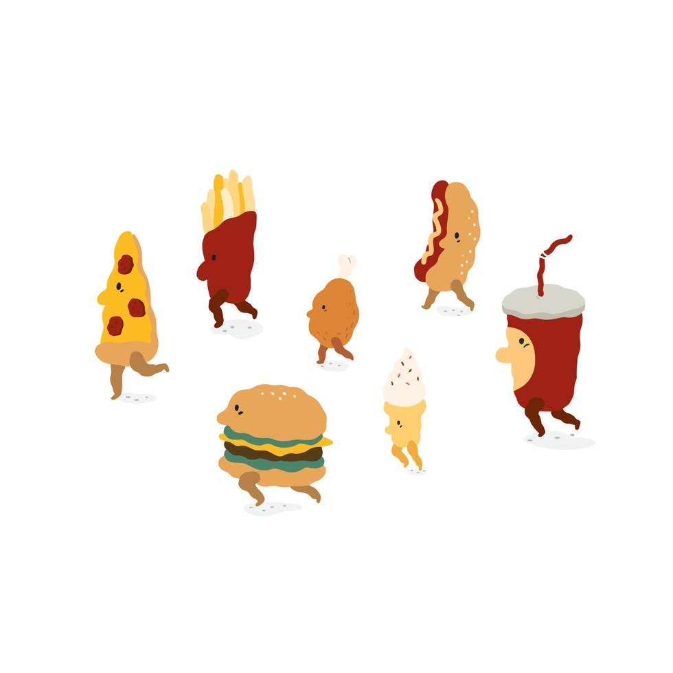 ensemble de pizza, hamburger, frites, poulet frit, crème glacée, hot-dog, illustration vectorielle de boisson gazeuse. les personnages de restauration rapide marchent en style cartoon. vecteur