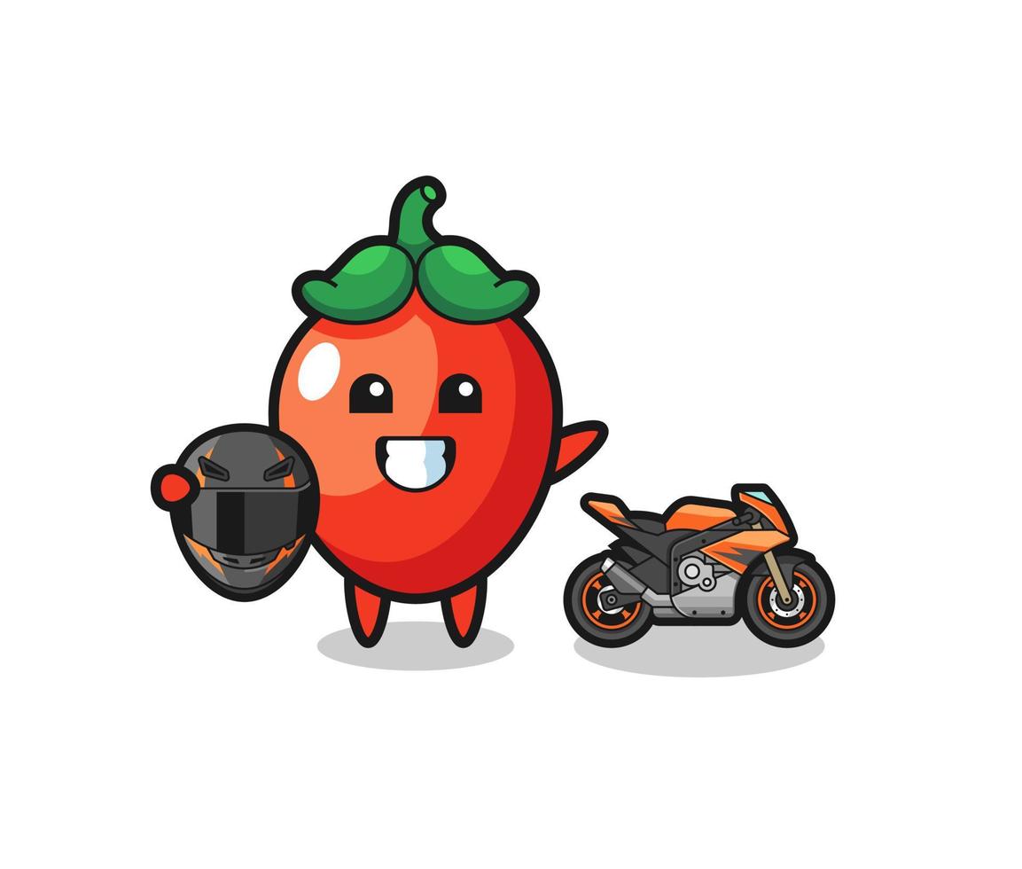 dessin animé mignon de piment en tant que coureur de moto vecteur