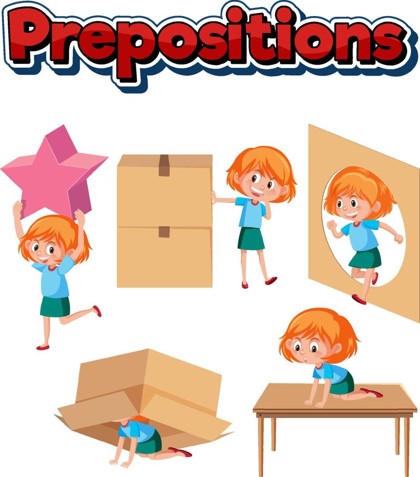 conception de carte de mots de préposition avec fille et boîtes vecteur